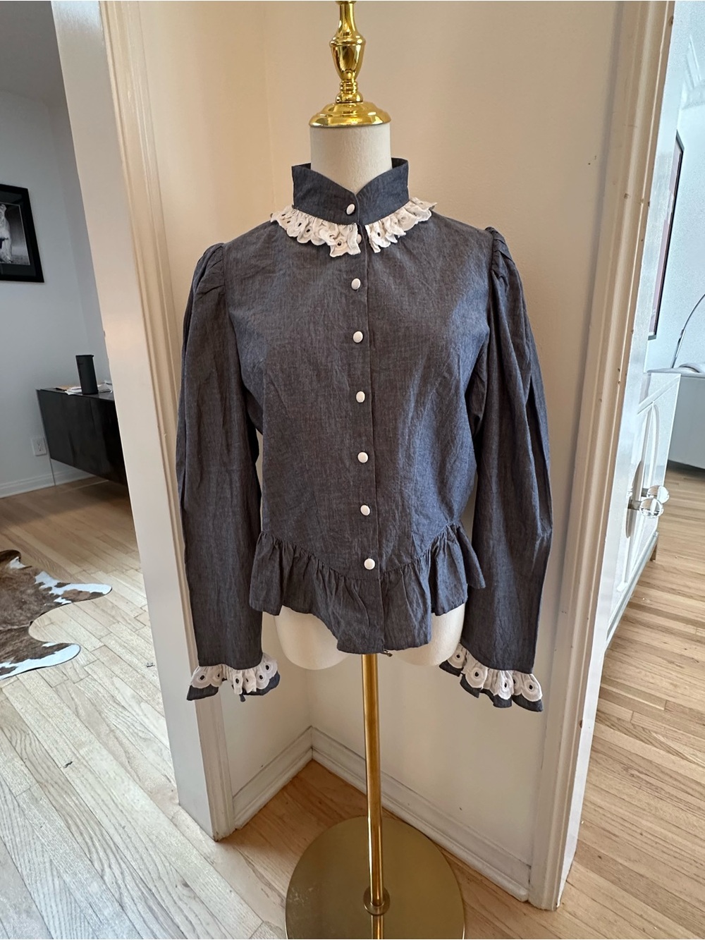 Batsheva Slate Gray Ruffled Detail Blouse